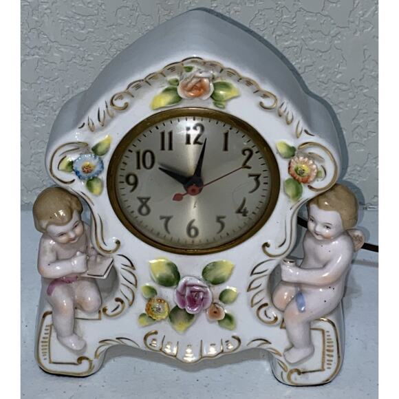 VTG SGK China Made In Occupied Japan Clock Cherub Floral Mantle Desktop WORKS - Picture 1 of 10